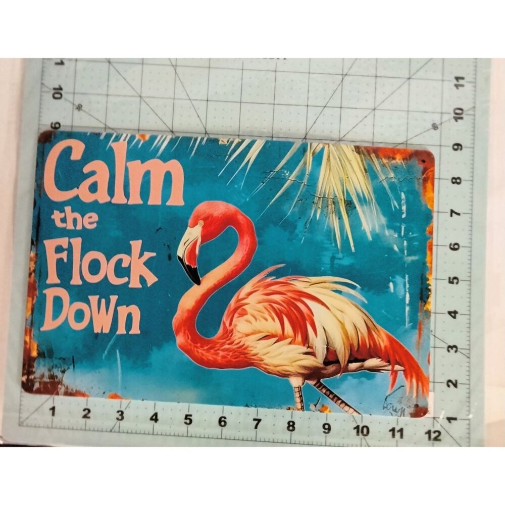 Calm The Flock Down Flamingo Metal Wall Sign 8x12 Inch Distressed Retro - Picture 4 of 7